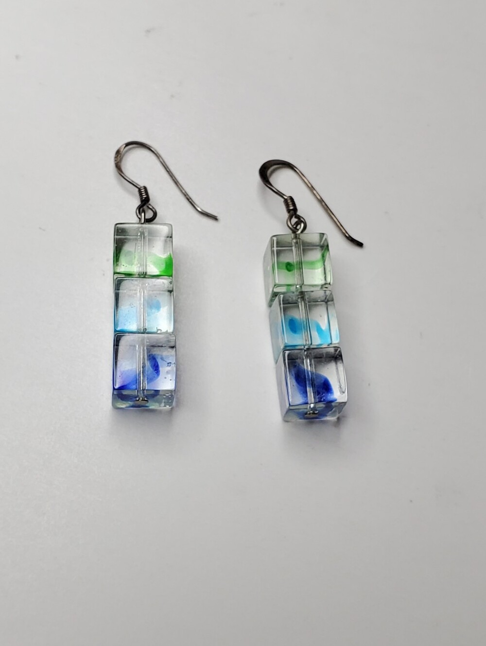 Vtg. Stacked Cube Glass Dangle Earrings